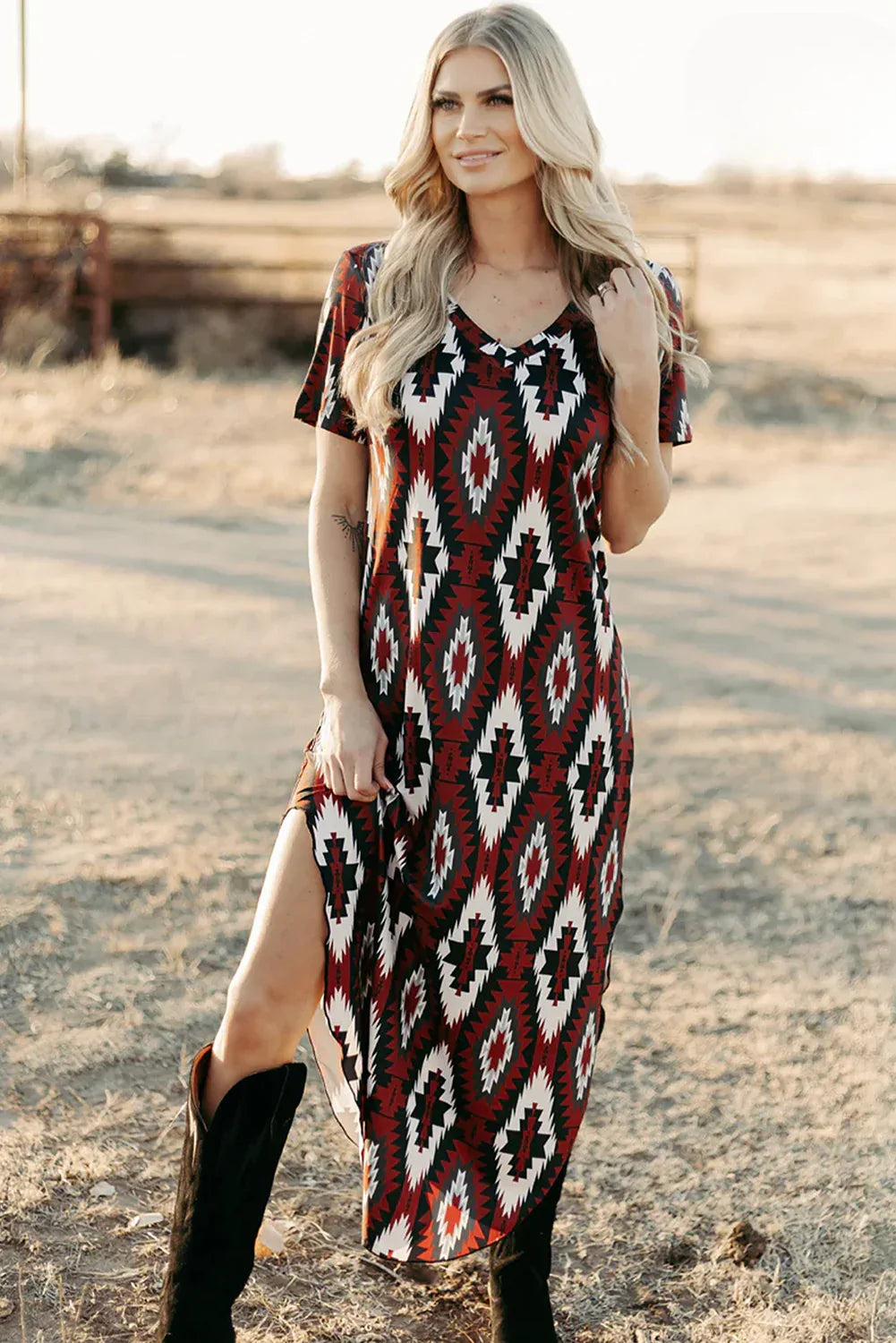 Red Western Aztec Printed Long T-shirt Dress - MarkoFit
