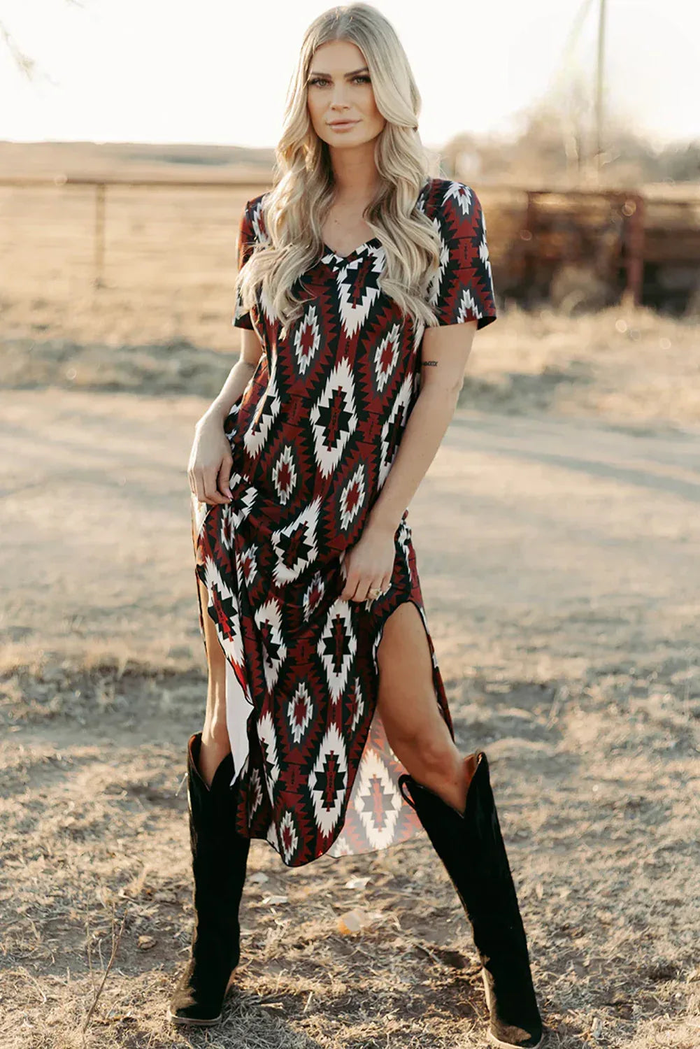 Red Western Aztec Printed Long T-shirt Dress - MarkoFit