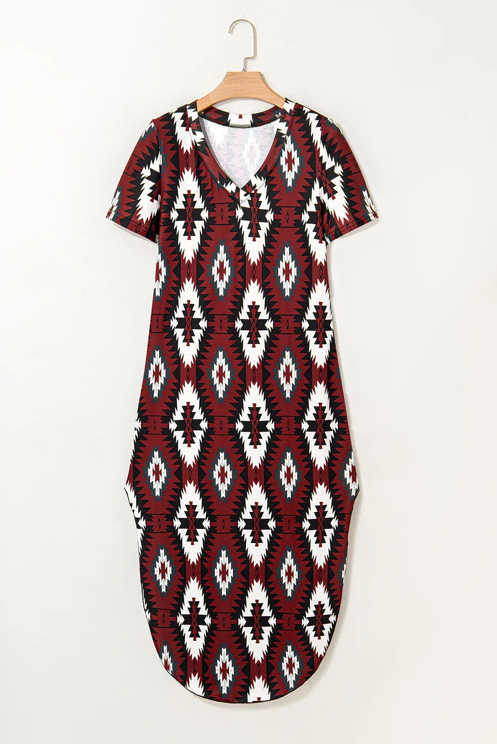Red Western Aztec Printed Long T-shirt Dress - MarkoFit