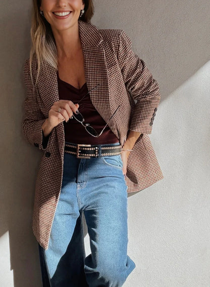 Brown Houndstooth Lapel Collar Blazer - MarkoFit