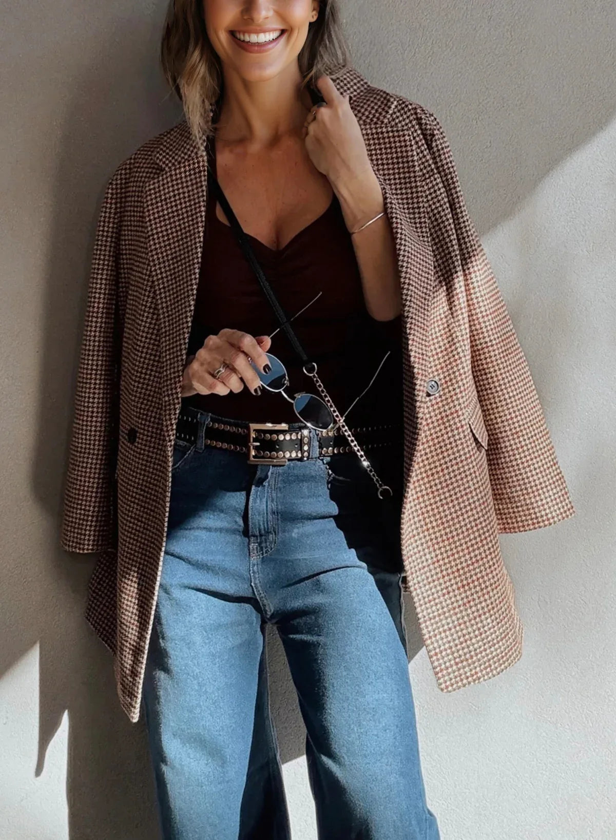 Brown Houndstooth Lapel Collar Blazer - MarkoFit