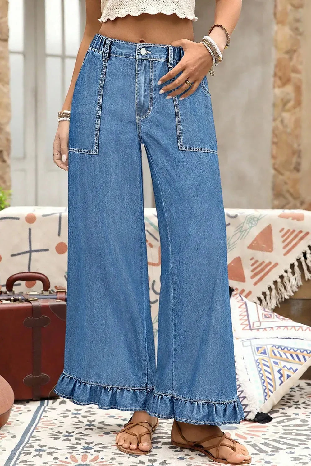 Ashleigh Blue Plus Size Elastic Waist Ruffled Wide Leg Denim Pants - MarkoFit