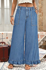 Ashleigh Blue Plus Size Elastic Waist Ruffled Wide Leg Denim Pants - MarkoFit