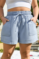 Beau Blue Pocketed Drawstring High Waist Plus Size Denim Shorts - MarkoFit
