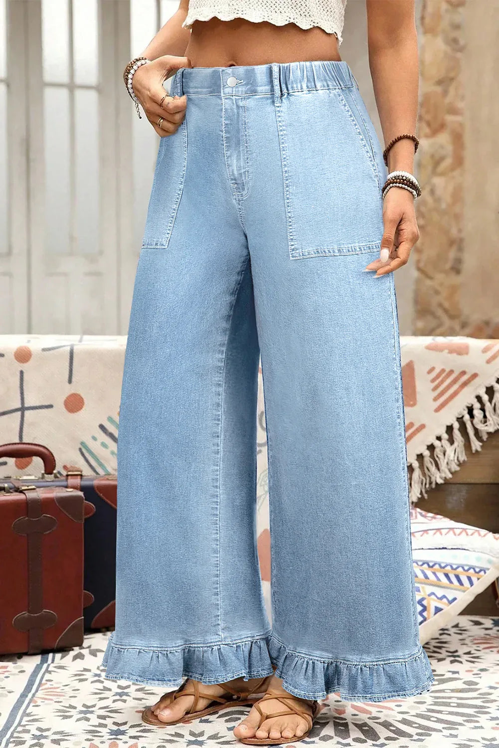 Beau Blue Plus Size Elastic Waist Ruffled Wide Leg Denim Pants - MarkoFit