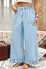 Beau Blue Plus Size Elastic Waist Ruffled Wide Leg Denim Pants - MarkoFit