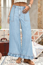 Beau Blue Plus Size Elastic Waist Ruffled Wide Leg Denim Pants - MarkoFit