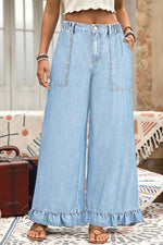 Beau Blue Plus Size Elastic Waist Ruffled Wide Leg Denim Pants - MarkoFit