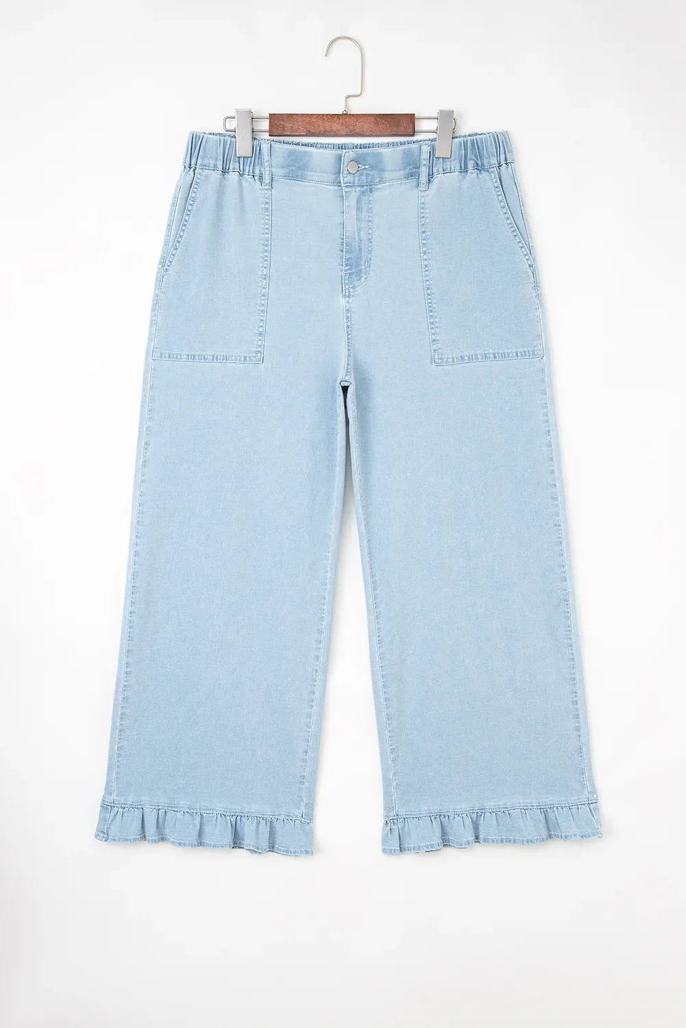 Beau Blue Plus Size Elastic Waist Ruffled Wide Leg Denim Pants - MarkoFit
