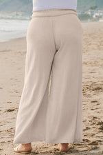 Beige Smocked High Waist Wide Leg Plus Size Pants - MarkoFit