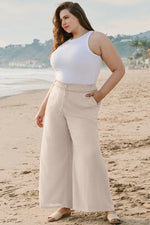 Beige Smocked High Waist Wide Leg Plus Size Pants - MarkoFit
