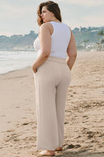 Beige Smocked High Waist Wide Leg Plus Size Pants - MarkoFit