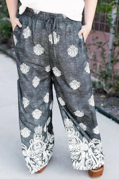 Black Plus Size Geometric Ethnic Print Drawstring Wide Leg Pants - MarkoFit