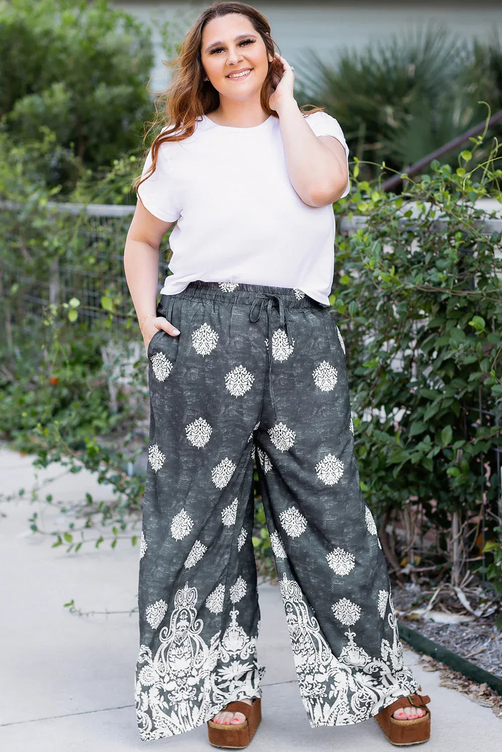 Black Plus Size Geometric Ethnic Print Drawstring Wide Leg Pants - MarkoFit