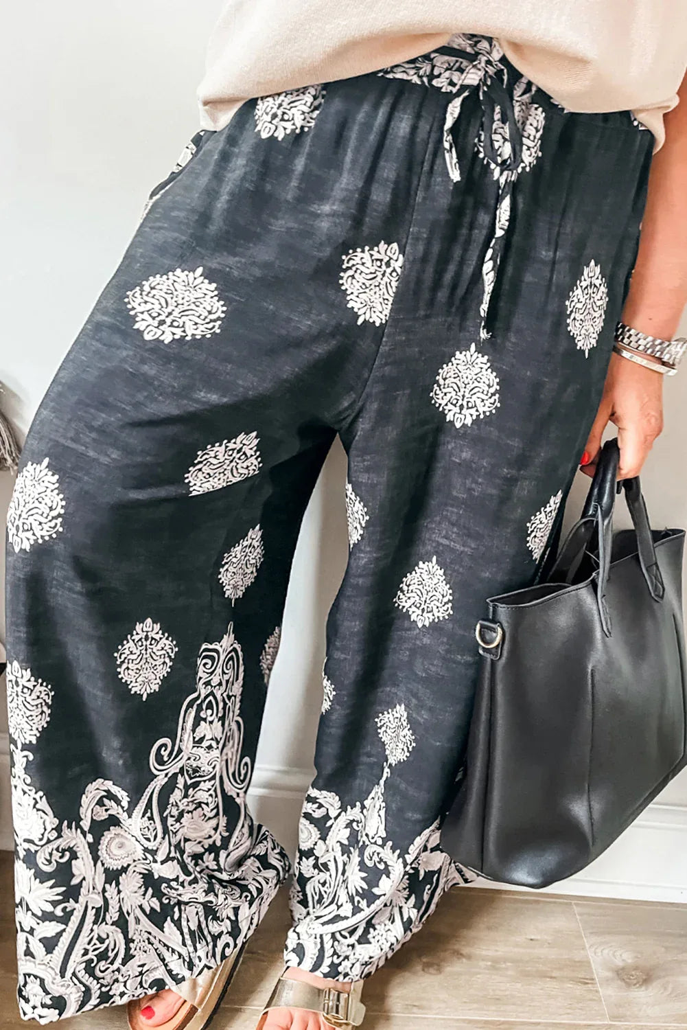 Black Plus Size Geometric Ethnic Print Drawstring Wide Leg Pants - MarkoFit