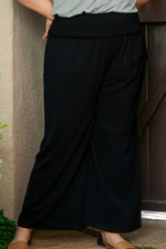 Black Shirred High Waist Plus Size Wide Leg Pants - MarkoFit