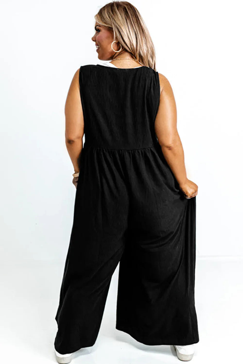 Black Plus Size Sleeveless Button Front Loose Jumpsuit - MarkoFit