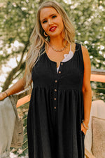 Black Plus Size Sleeveless Button Front Loose Jumpsuit - MarkoFit