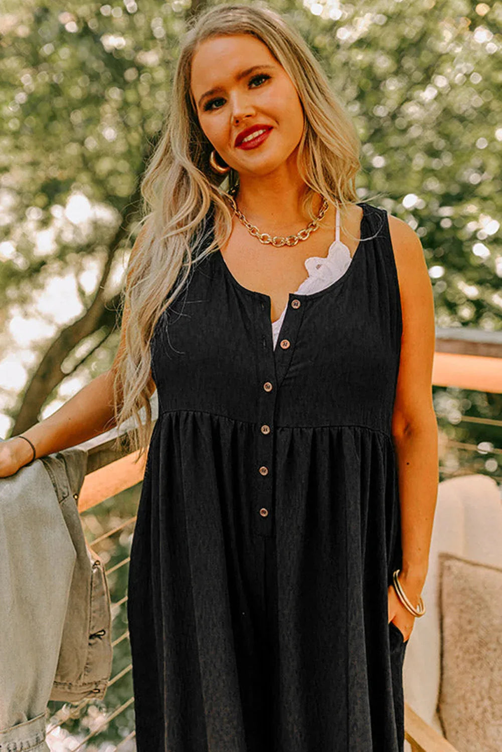 Black Plus Size Sleeveless Button Front Loose Jumpsuit - MarkoFit