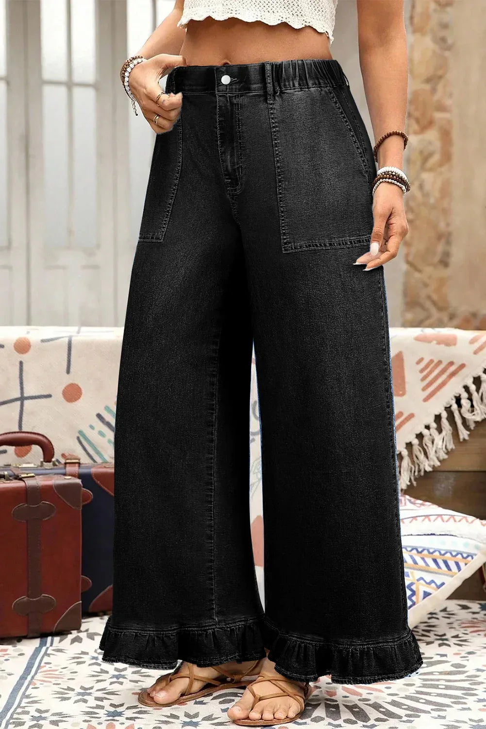 Black Plus Size Elastic Waist Ruffled Wide Leg Denim Pants - MarkoFit