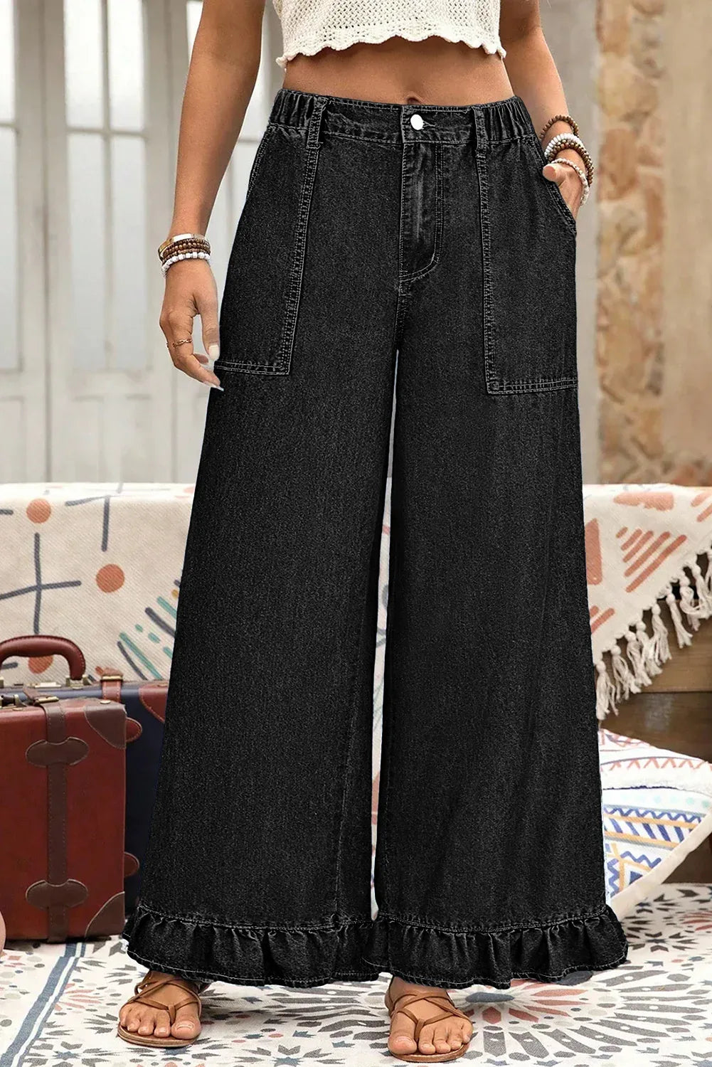Black Plus Size Elastic Waist Ruffled Wide Leg Denim Pants - MarkoFit