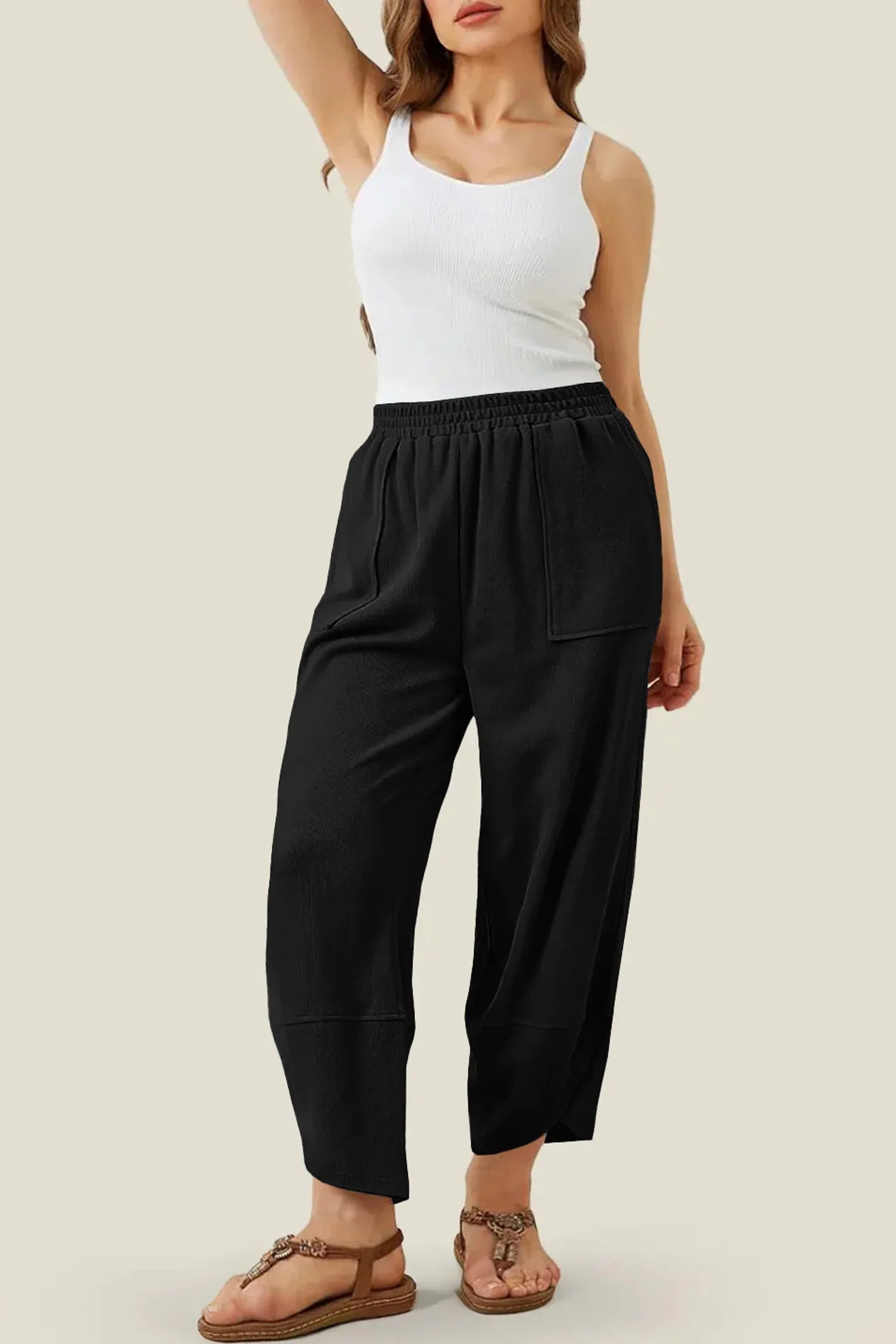 Black Plus Size Elastic Waist Asymmetrical Hem Loose Capris Pants - MarkoFit