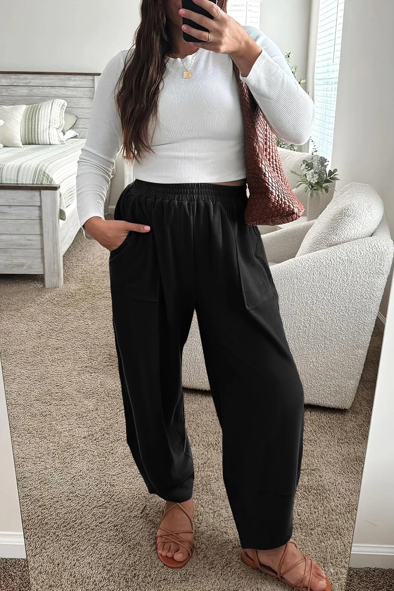 Black Plus Size Elastic Waist Asymmetrical Hem Loose Capris Pants - MarkoFit