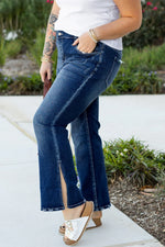 Dirty blue Plus Size High Waist Side Slits Flare Jeans - MarkoFit