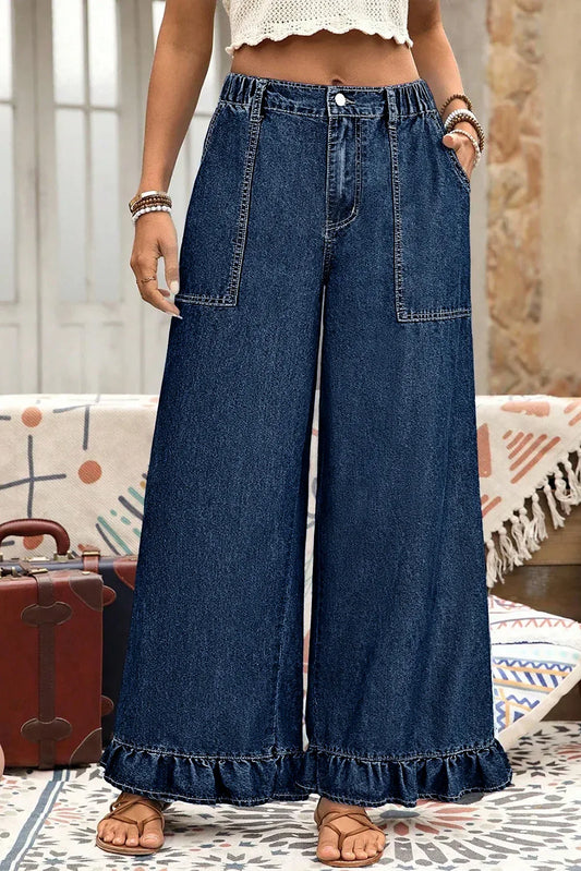 Dirty blue Plus Size Elastic Waist Ruffled Wide Leg Denim Pants - MarkoFit