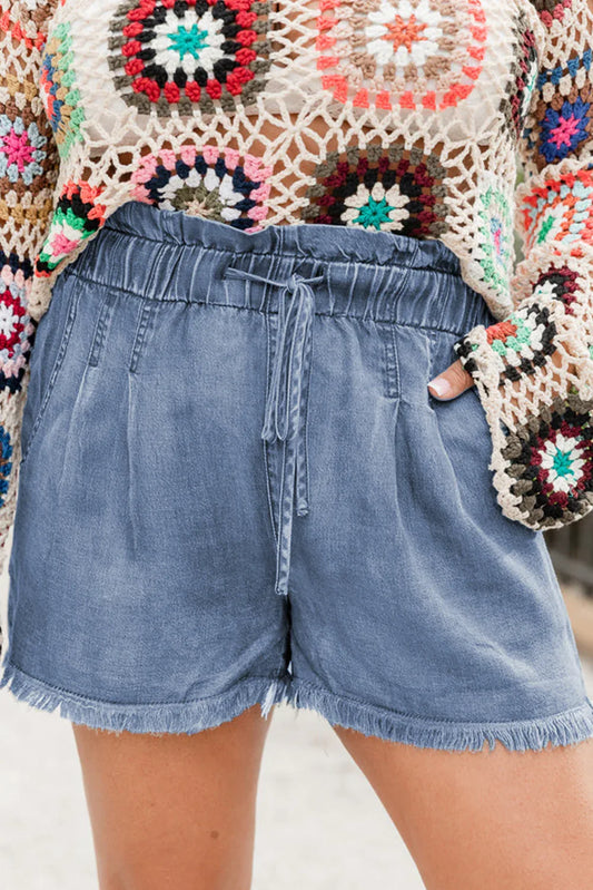 Dusk Blue Raw Hem Lace-up High Waist Plus Size Denim Shorts - MarkoFit