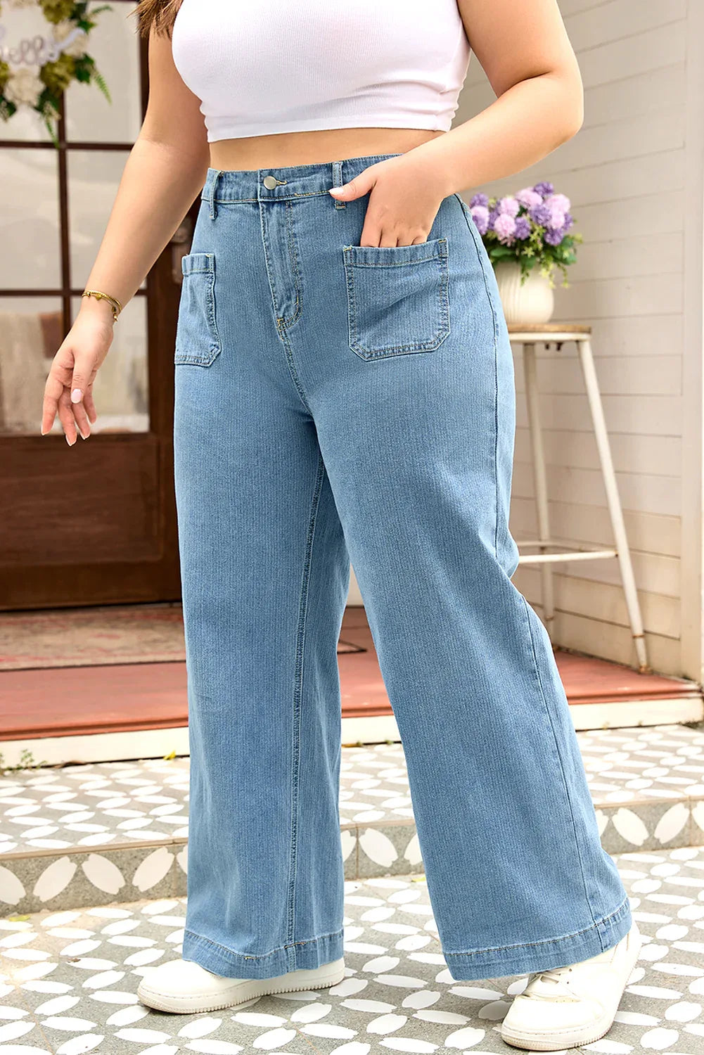 Dusk Blue Patched Pocket Textured Wide Leg Plus Size Jeans - MarkoFit