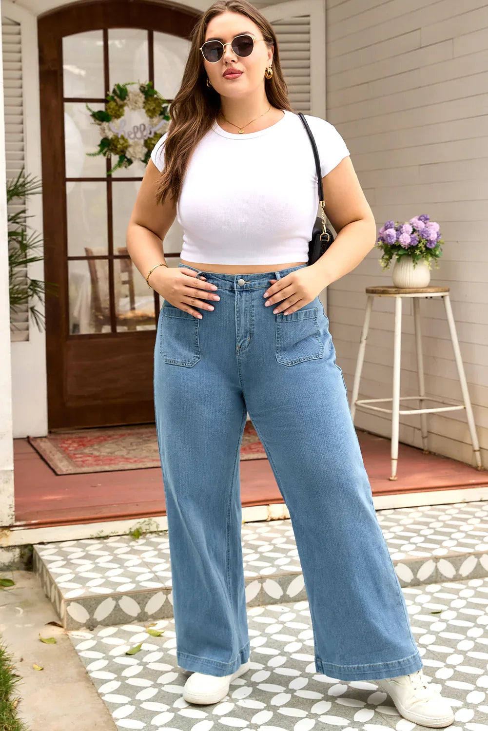 Dusk Blue Patched Pocket Textured Wide Leg Plus Size Jeans - MarkoFit