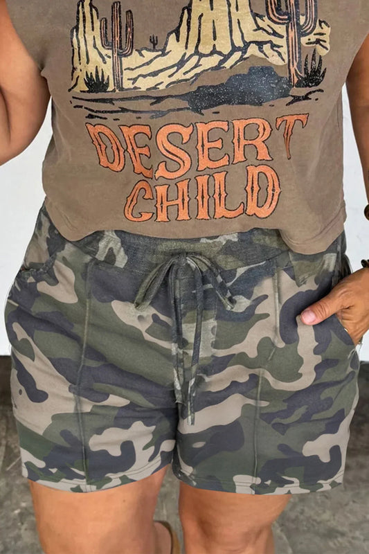 Green Tie Elastic Waist Pocketed Plus Size Camo Shorts - MarkoFit