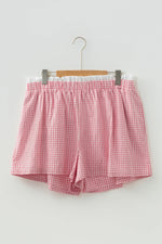 Pink Contrast Trim Plaid Print Plus Size Shorts - MarkoFit