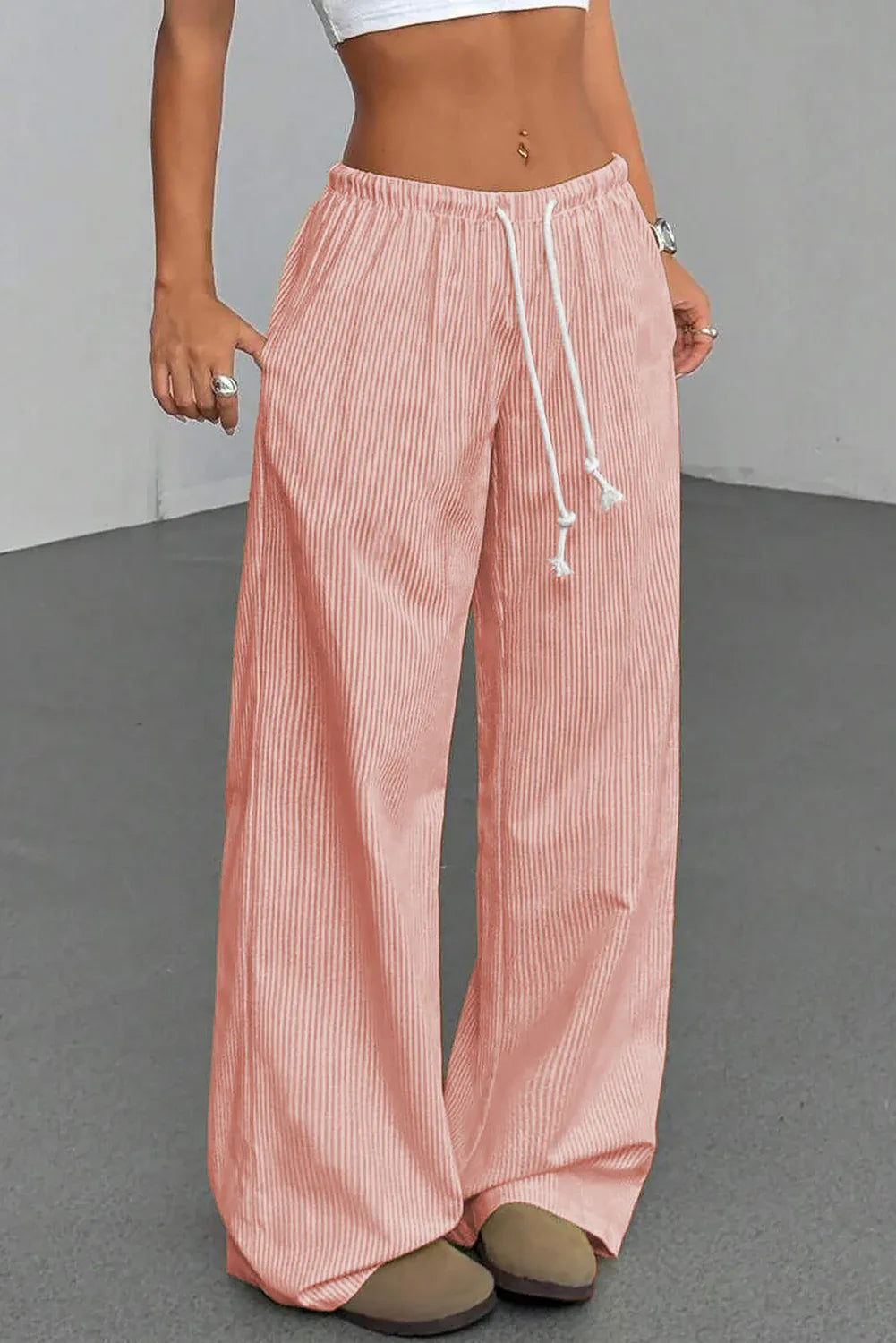 Pink Stripe Drawstring Plus Size Loose Pants - MarkoFit