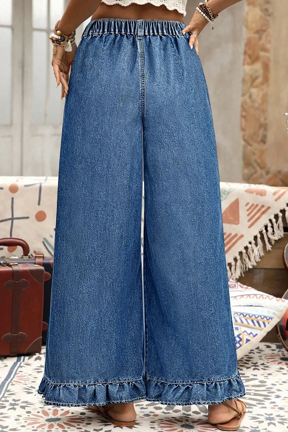 Sail Blue Plus Size Elastic Waist Ruffled Wide Leg Denim Pants - MarkoFit