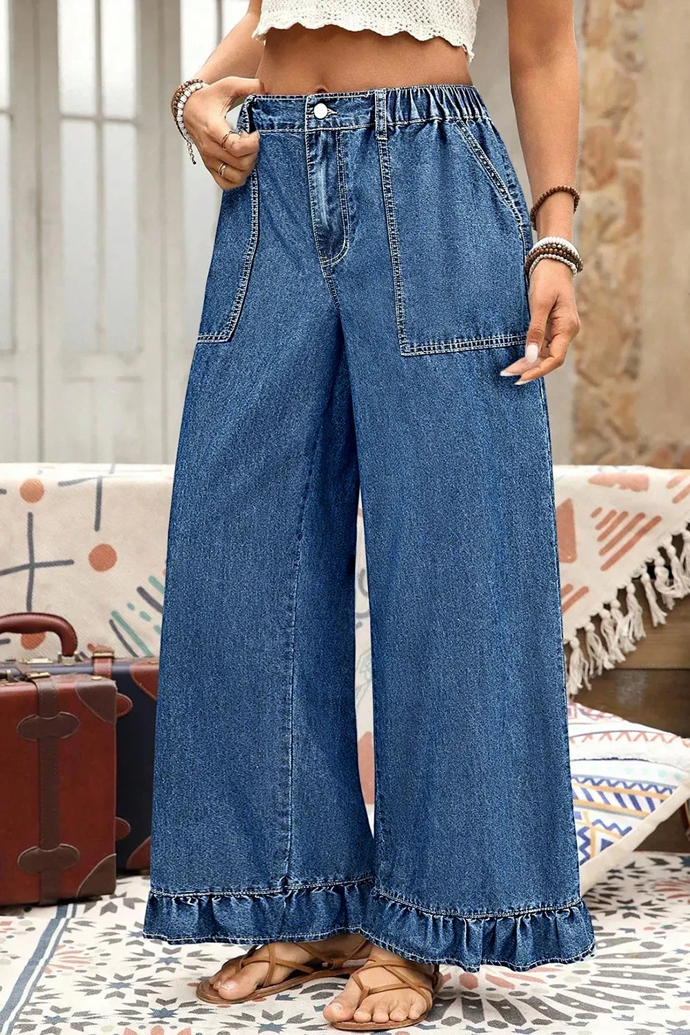 Sail Blue Plus Size Elastic Waist Ruffled Wide Leg Denim Pants - MarkoFit
