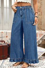 Sail Blue Plus Size Elastic Waist Ruffled Wide Leg Denim Pants - MarkoFit