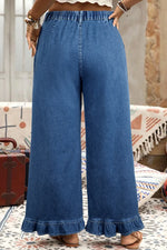 Sail Blue Plus Size Elastic Waist Ruffled Wide Leg Denim Pants - MarkoFit