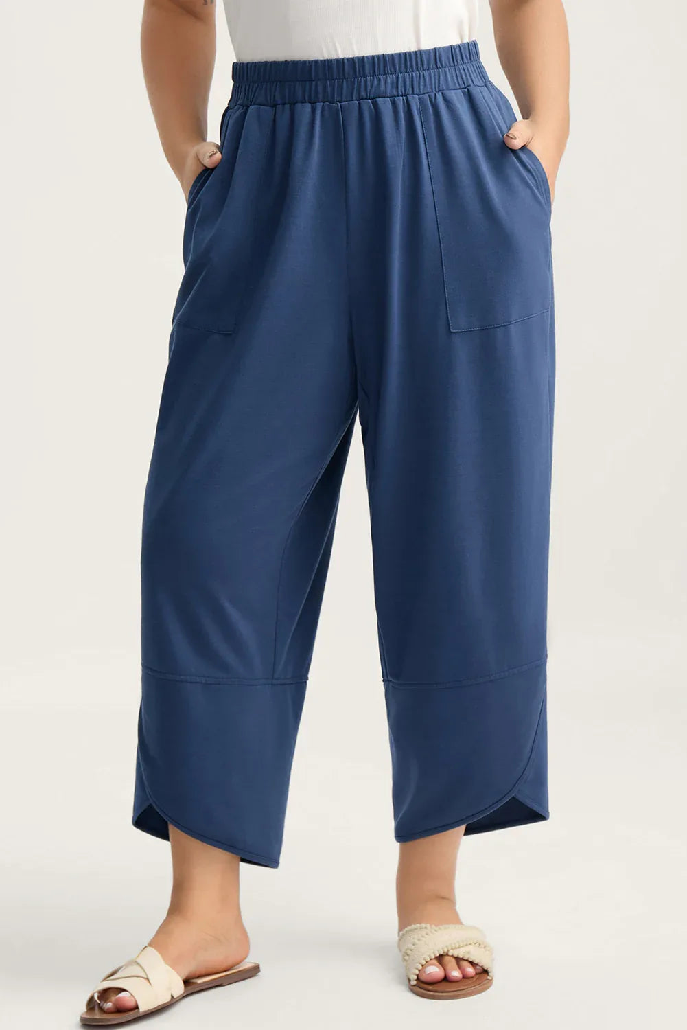 Sail Blue Plus Size Elastic Waist Asymmetrical Hem Loose Capris Pants - MarkoFit