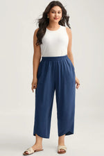 Sail Blue Plus Size Elastic Waist Asymmetrical Hem Loose Capris Pants - MarkoFit