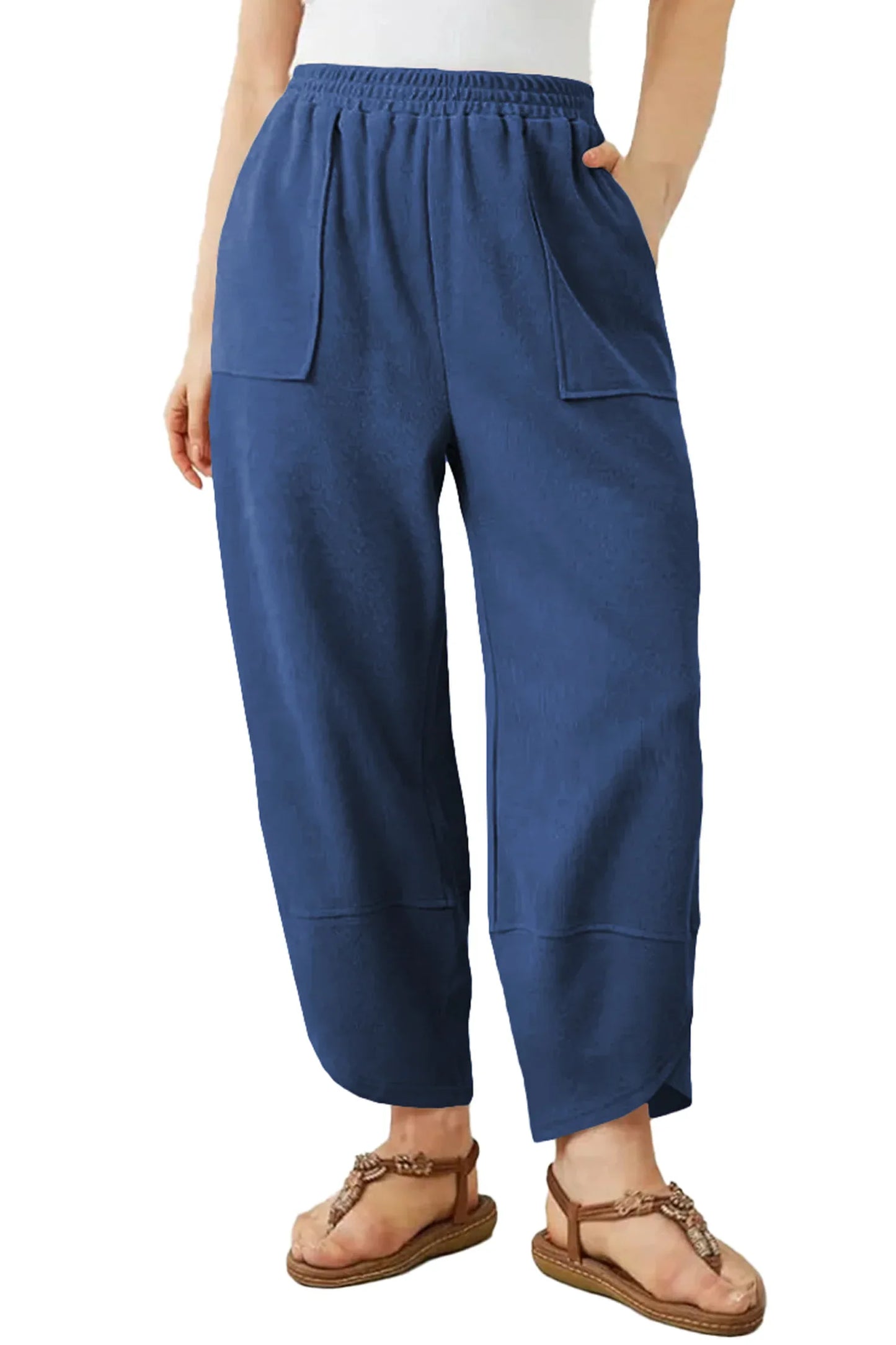 Sail Blue Plus Size Elastic Waist Asymmetrical Hem Loose Capris Pants - MarkoFit
