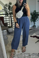 Sail Blue Plus Size Elastic Waist Asymmetrical Hem Loose Capris Pants - MarkoFit