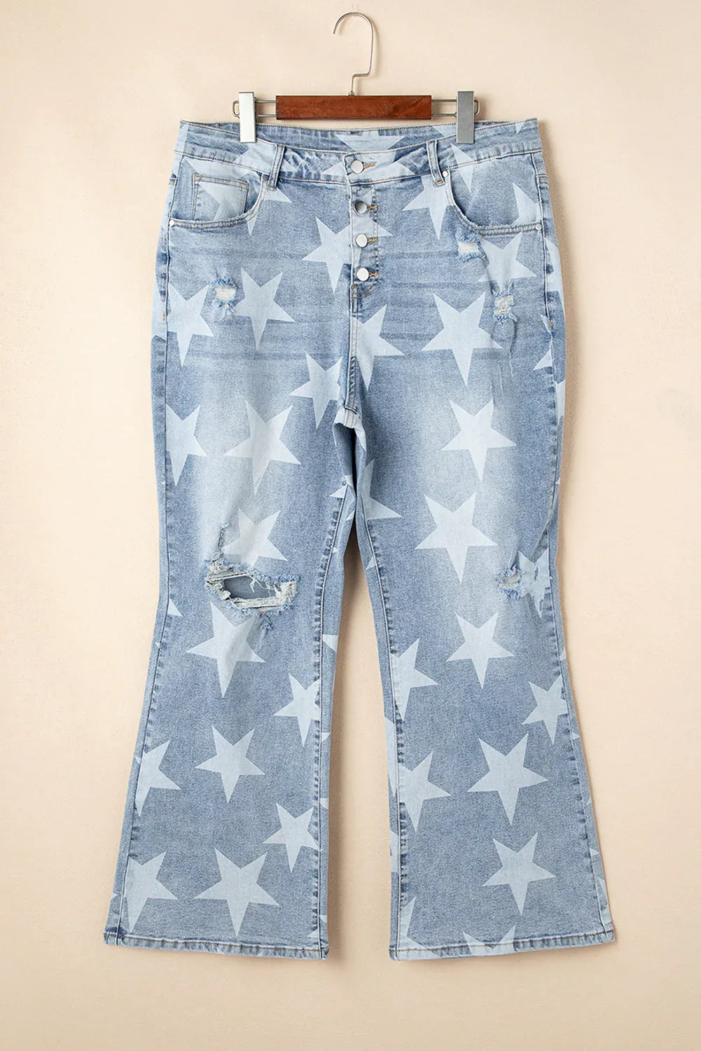 Sky Blue Star Printed Multi Buttons Slit Knee Destroyed Plus Size Jeans - MarkoFit