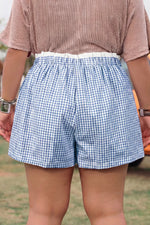 Sky Blue Contrast Trim Plaid Print Plus Size Shorts - MarkoFit