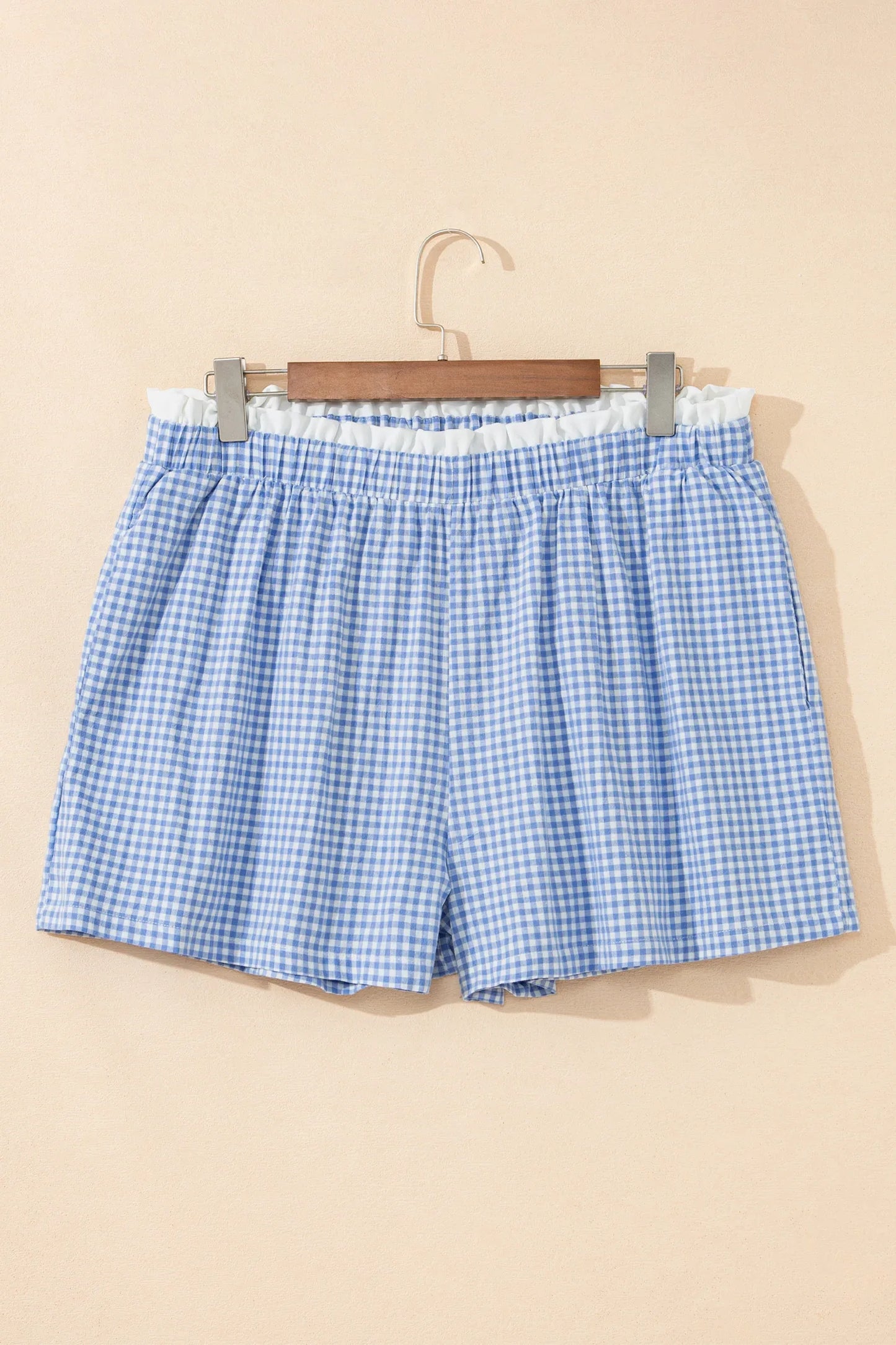 Sky Blue Contrast Trim Plaid Print Plus Size Shorts - MarkoFit