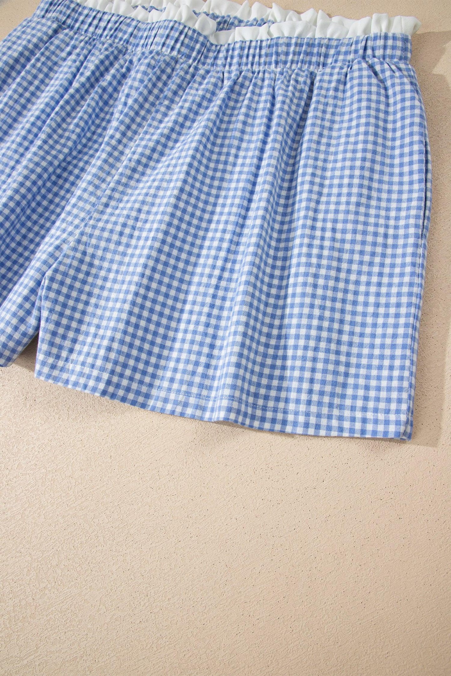 Sky Blue Contrast Trim Plaid Print Plus Size Shorts - MarkoFit