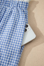 Sky Blue Contrast Trim Plaid Print Plus Size Shorts - MarkoFit