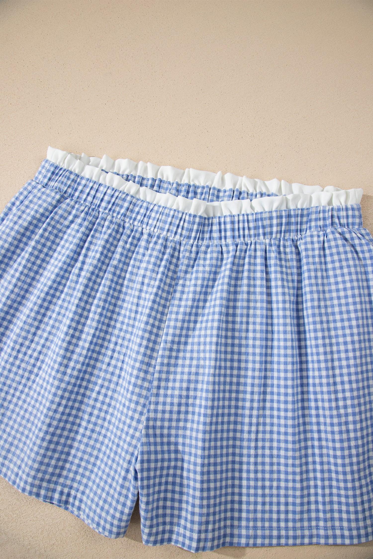 Sky Blue Contrast Trim Plaid Print Plus Size Shorts - MarkoFit