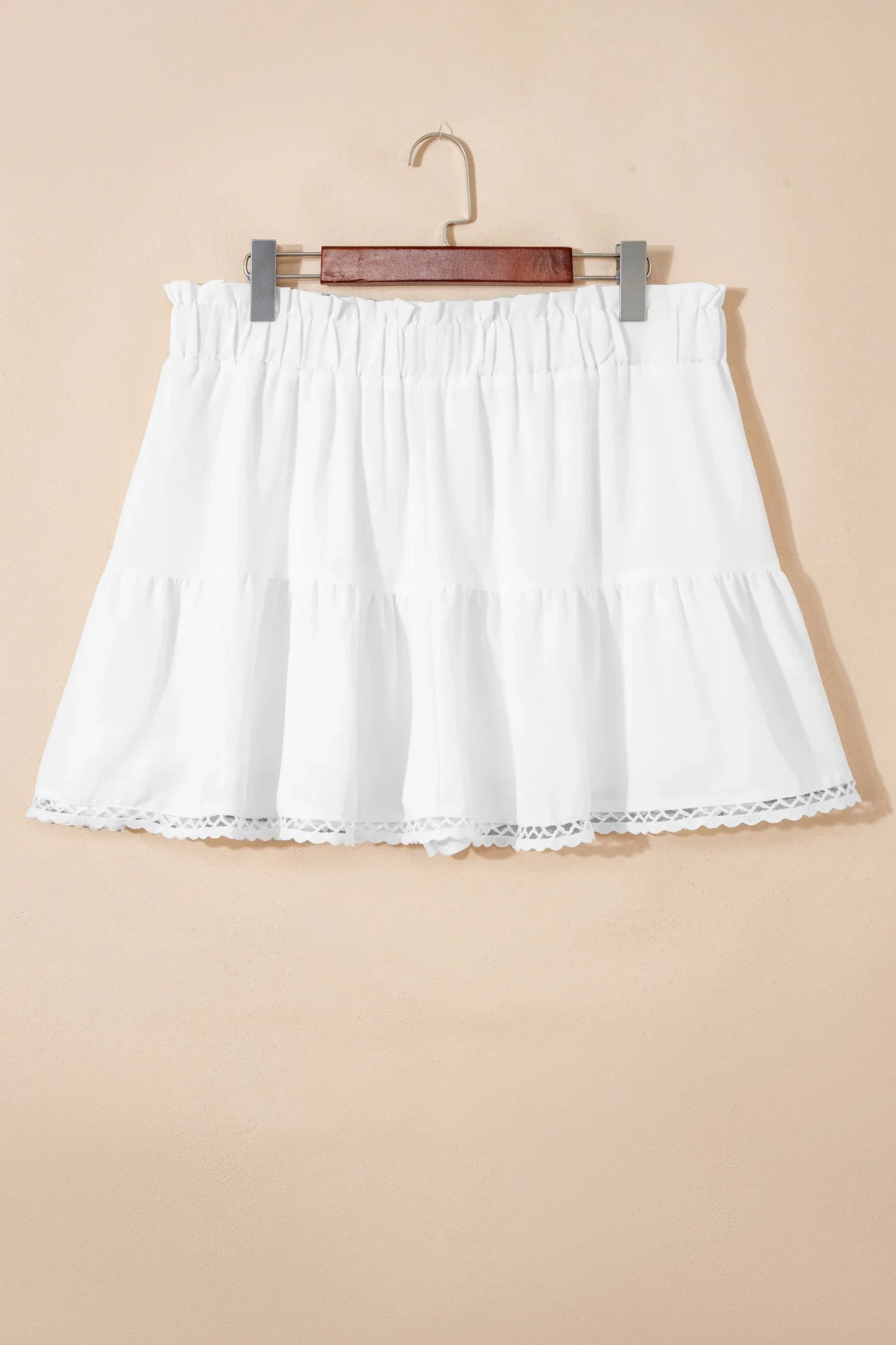 White Plus Size Frilled Elastic Waist Lace Trim Boho Ruffled Shorts - MarkoFit